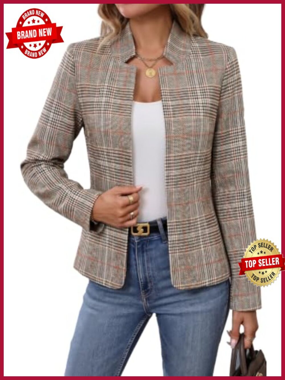 Plaid Tweed Open Front Blazer Houndstooth Business Casual Jacket